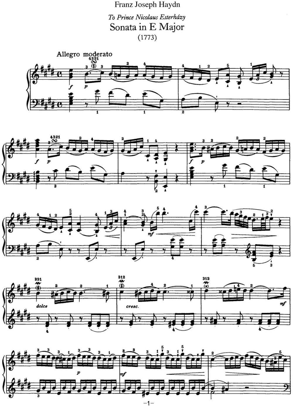 海顿 钢琴奏鸣曲 Hob XVI 22 in E major钢琴曲谱（图1）