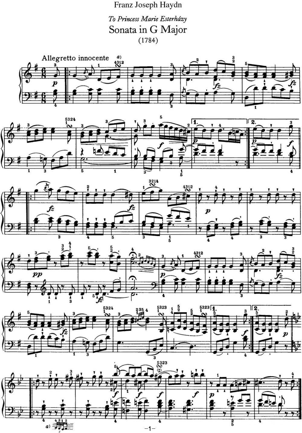 海顿 钢琴奏鸣曲 Hob XVI 40 in G major钢琴曲谱（图1）