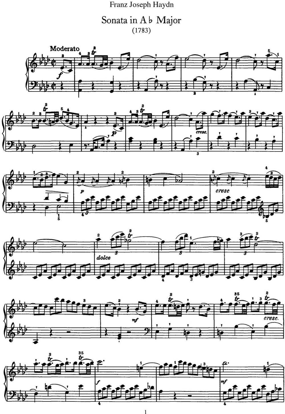海顿 钢琴奏鸣曲 Hob XVI 43 in A-flat major钢琴曲谱（图1）