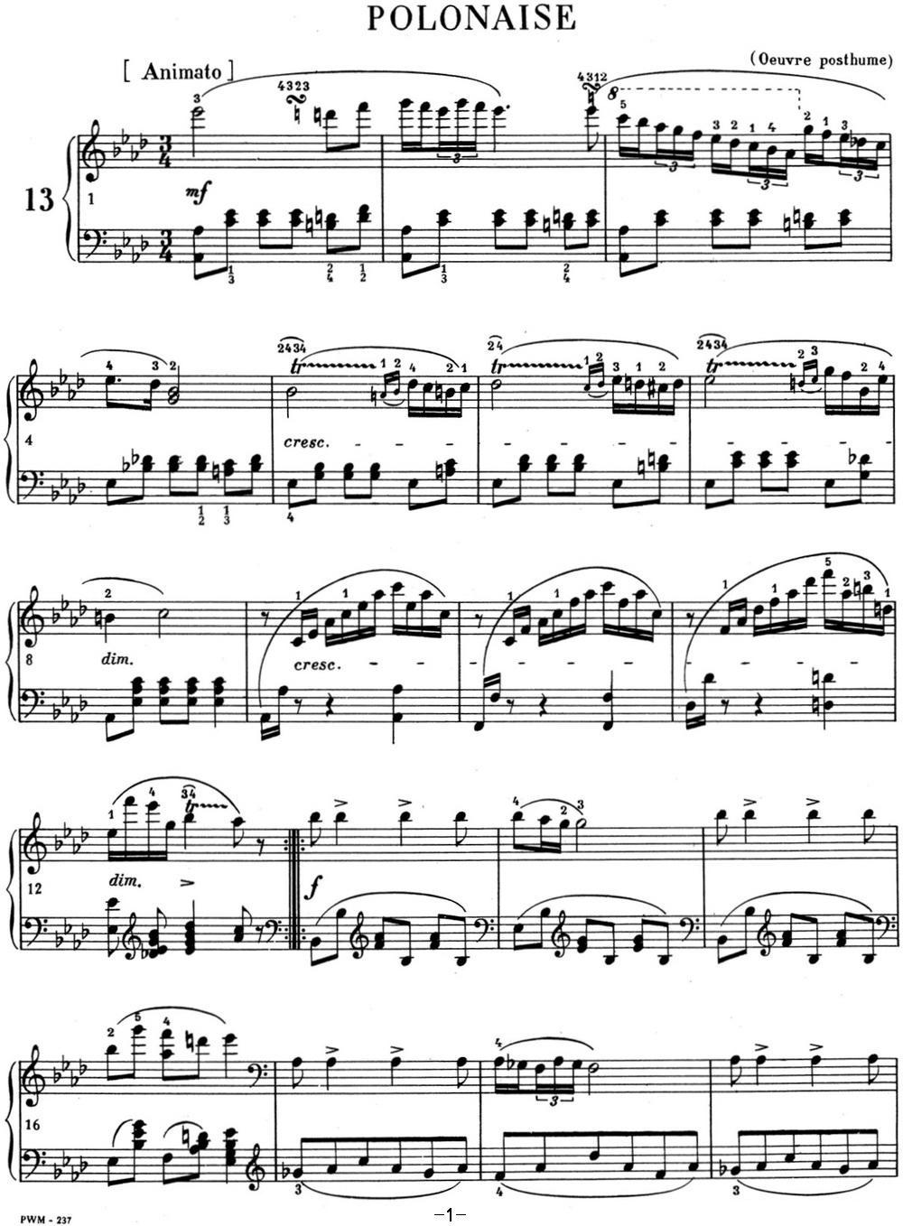 肖邦 波兰舞曲 Op.posth.P.1 No.2 降A大调钢琴曲谱（图1）