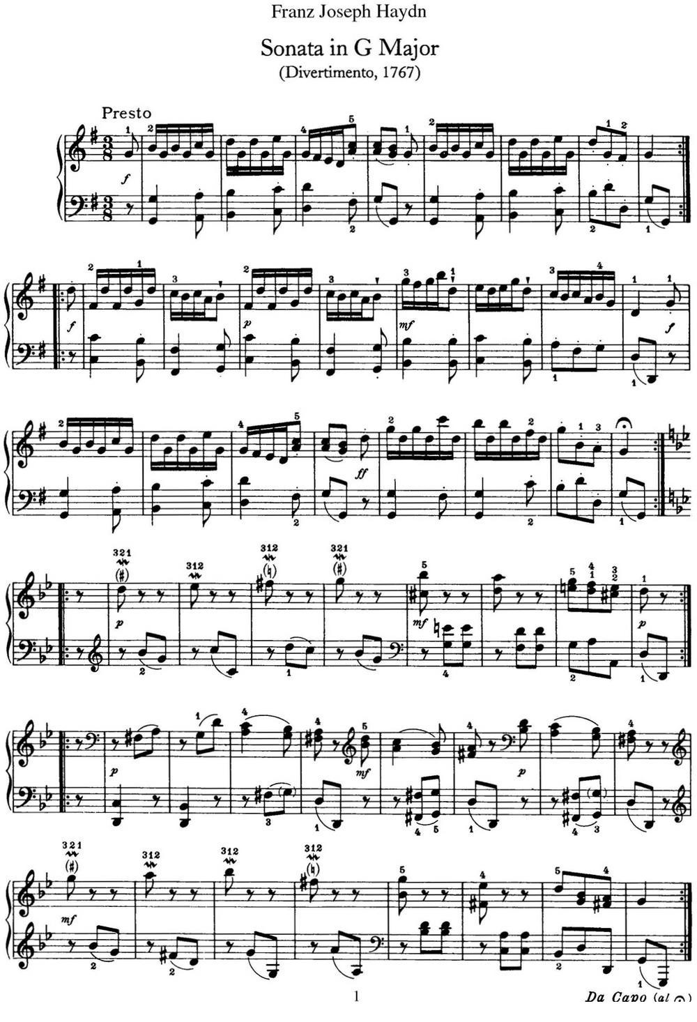 海顿 钢琴奏鸣曲 Hob XVI 11 Divertimento G major钢琴曲谱（图1）
