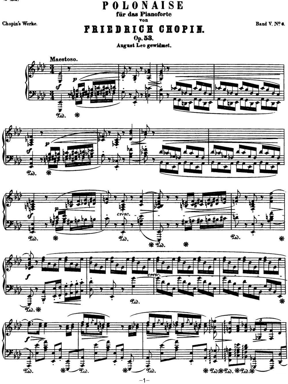 肖邦 波兰舞曲 英雄 Op.53 降A大调 Polonaise钢琴曲谱（图1）