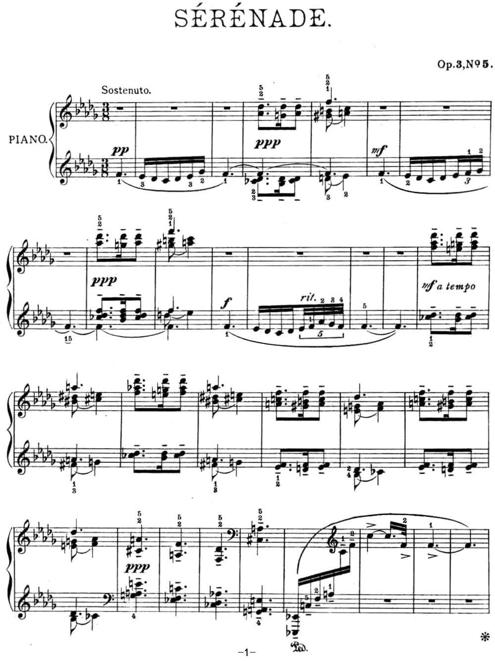 拉赫玛尼诺夫 幻想小品集 Op.3 No.5 小夜曲 降b小调钢琴曲谱（图1）