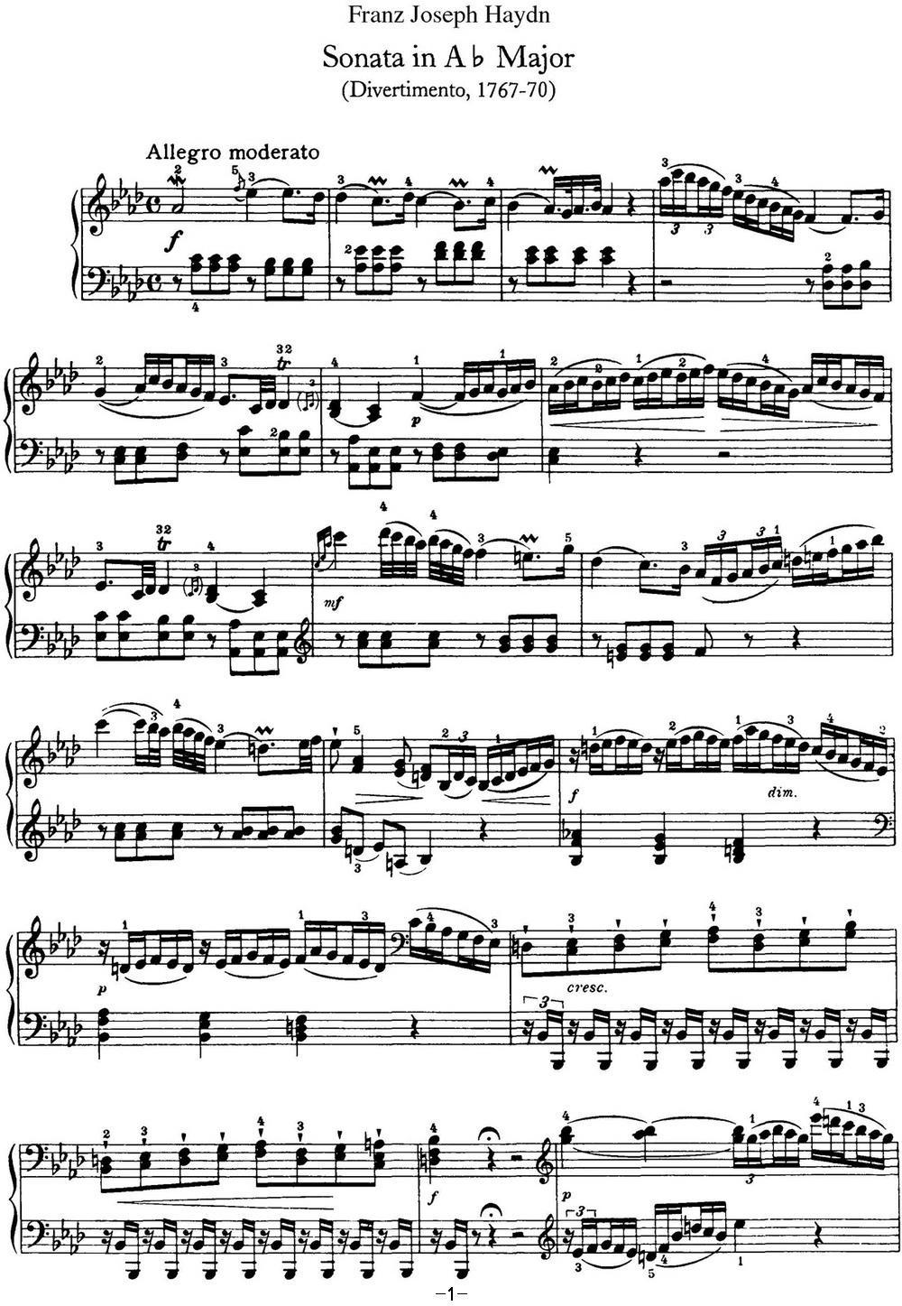 海顿 钢琴奏鸣曲 Hob XVI 46 Divertimento Ab major钢琴曲谱（图1）