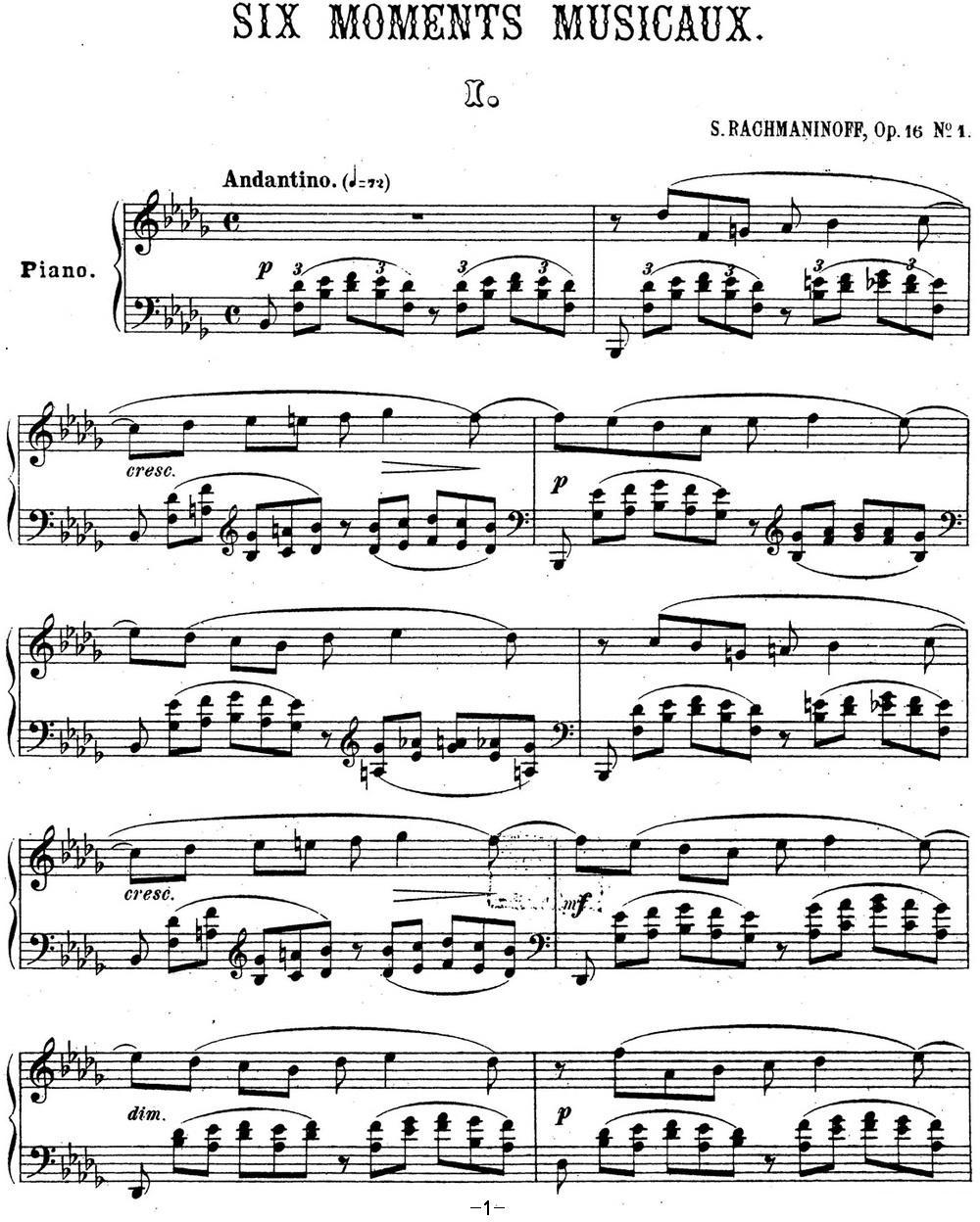 拉赫玛尼诺夫 音乐瞬间 Op.16 No.1 降b小调钢琴曲谱（图1）