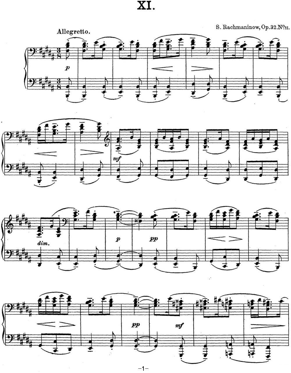 拉赫玛尼诺夫 钢琴前奏曲22 B大调 Op.32 No.11钢琴曲谱（图1）