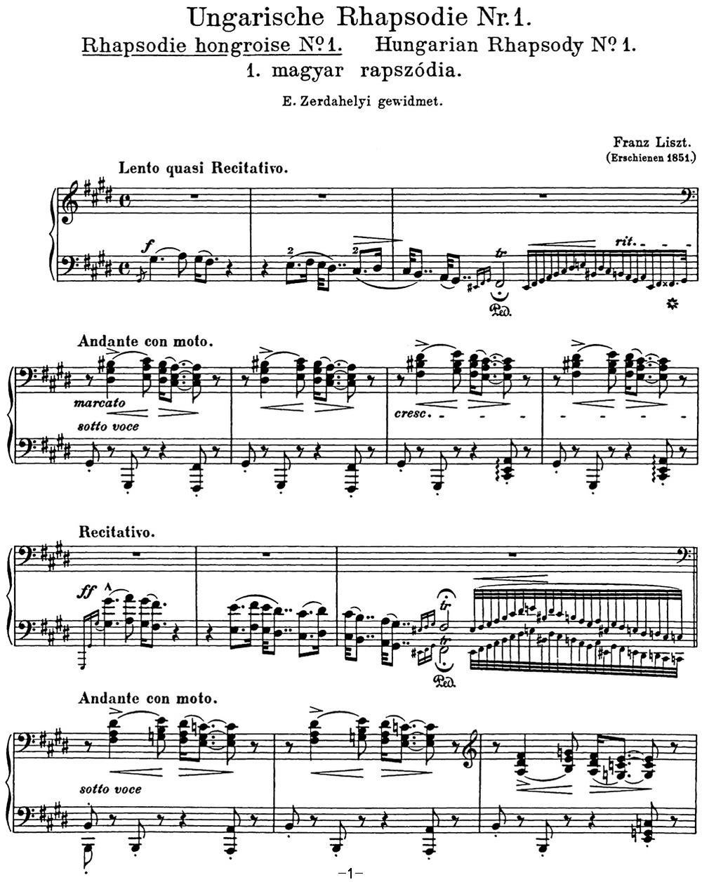 李斯特 匈牙利狂想曲 Hungarian Rhapsodies S.244 No.1钢琴曲谱（图1）