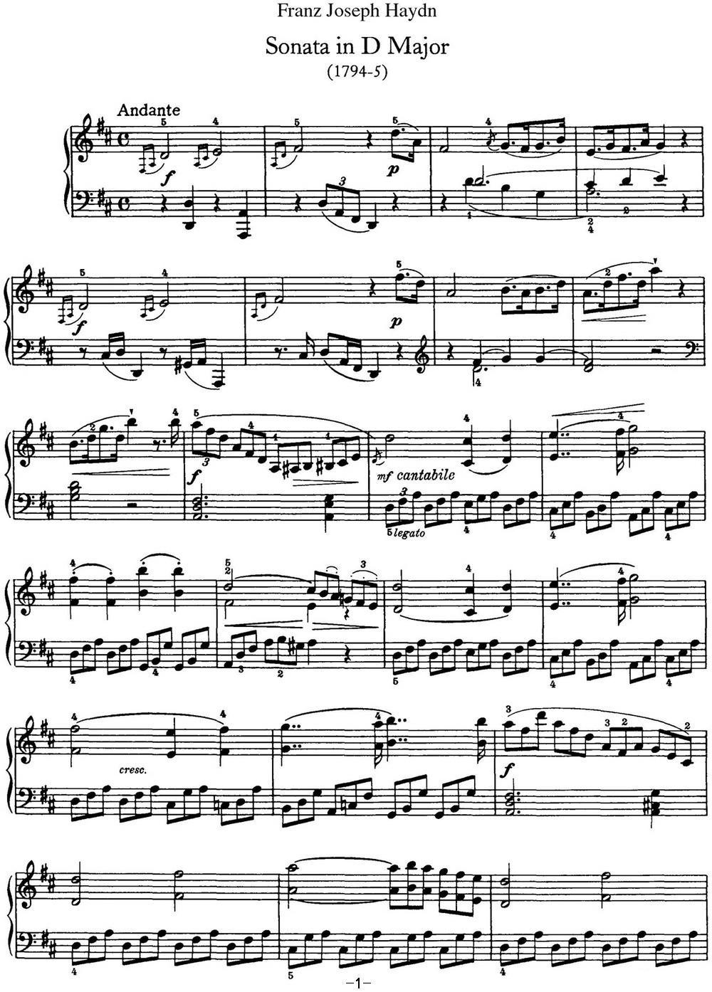 海顿 钢琴奏鸣曲 Hob XVI 51 in D major钢琴曲谱（图1）
