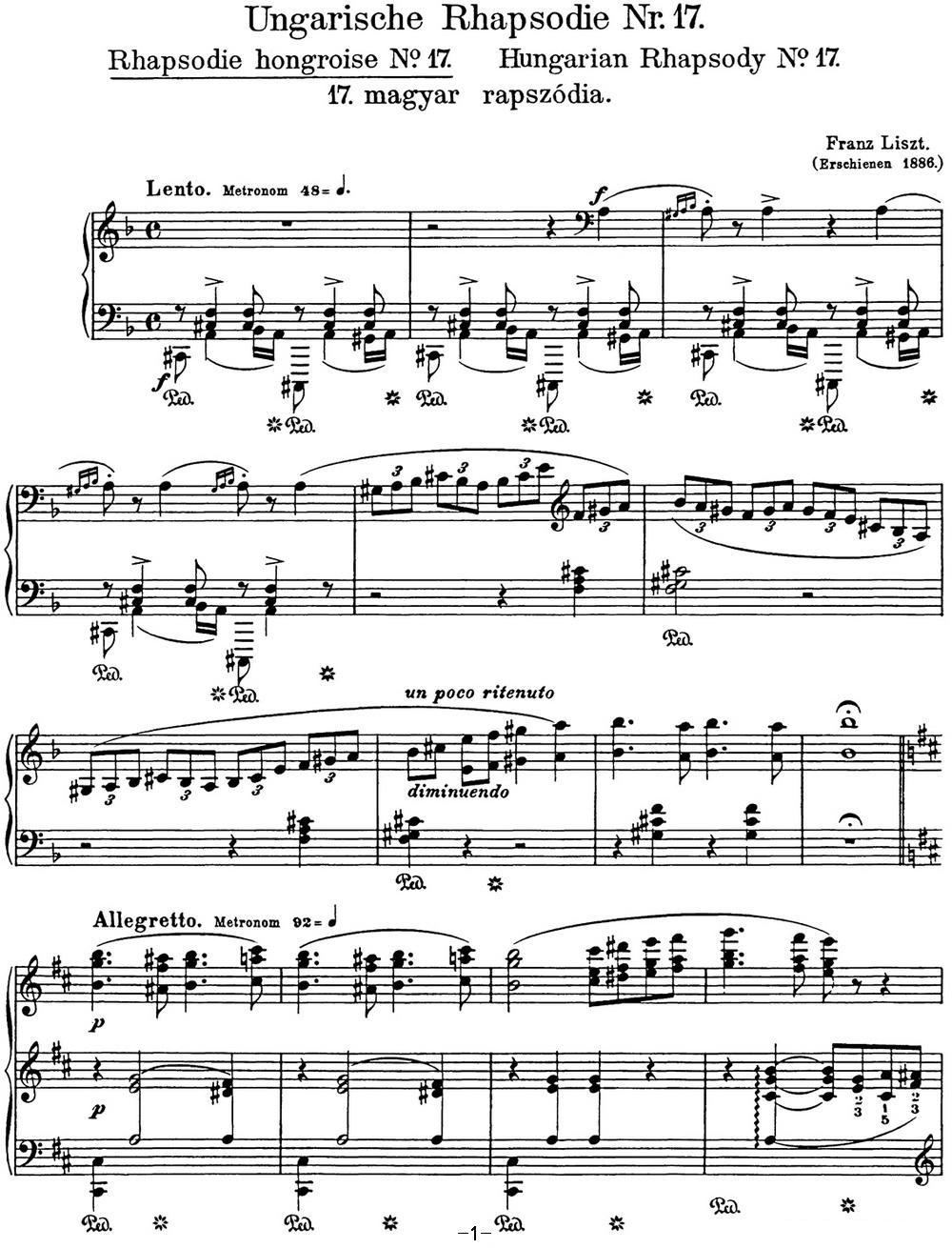 李斯特 匈牙利狂想曲CD Hungarian Rhapsodies S.244 No.17钢琴曲谱（图1）