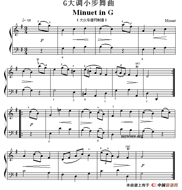 考级初级曲目：G大调小步舞曲（Minuet in G）钢琴曲谱（图1）