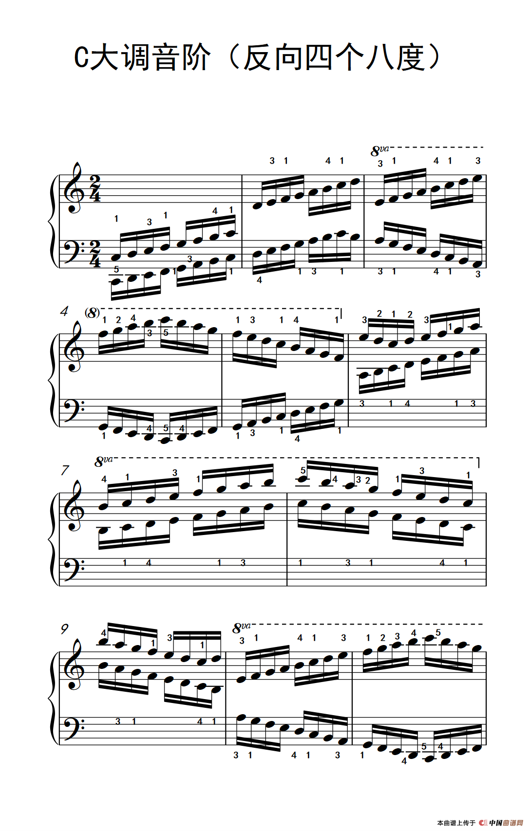 C大调音阶（反向四个八度）（儿童钢琴练习曲）钢琴曲谱（图1）
