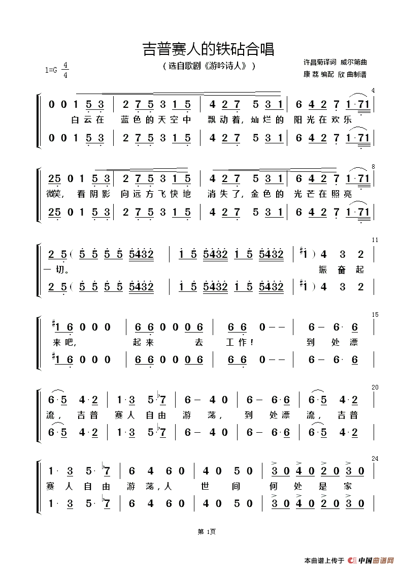 吉普赛人的铁砧合唱合唱曲谱（图1）