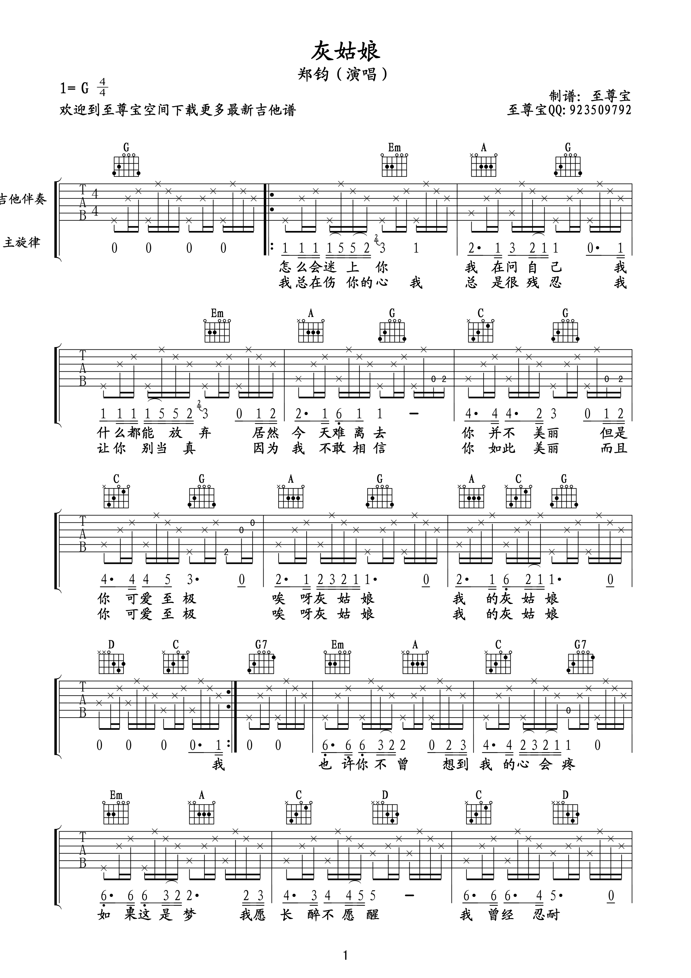 灰姑娘(吉他六线谱）吉他谱（图1）