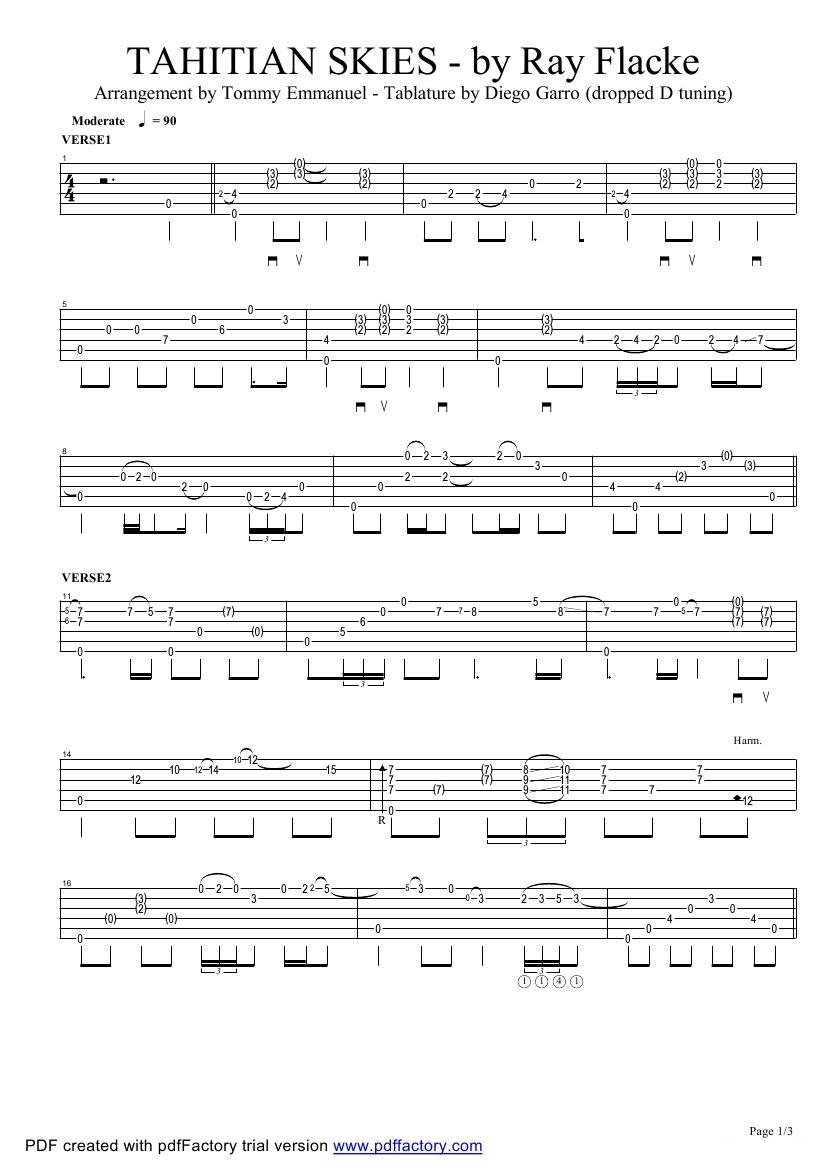 tommy emmanuel：tahitian skies（指弹吉它）吉他谱（图1）