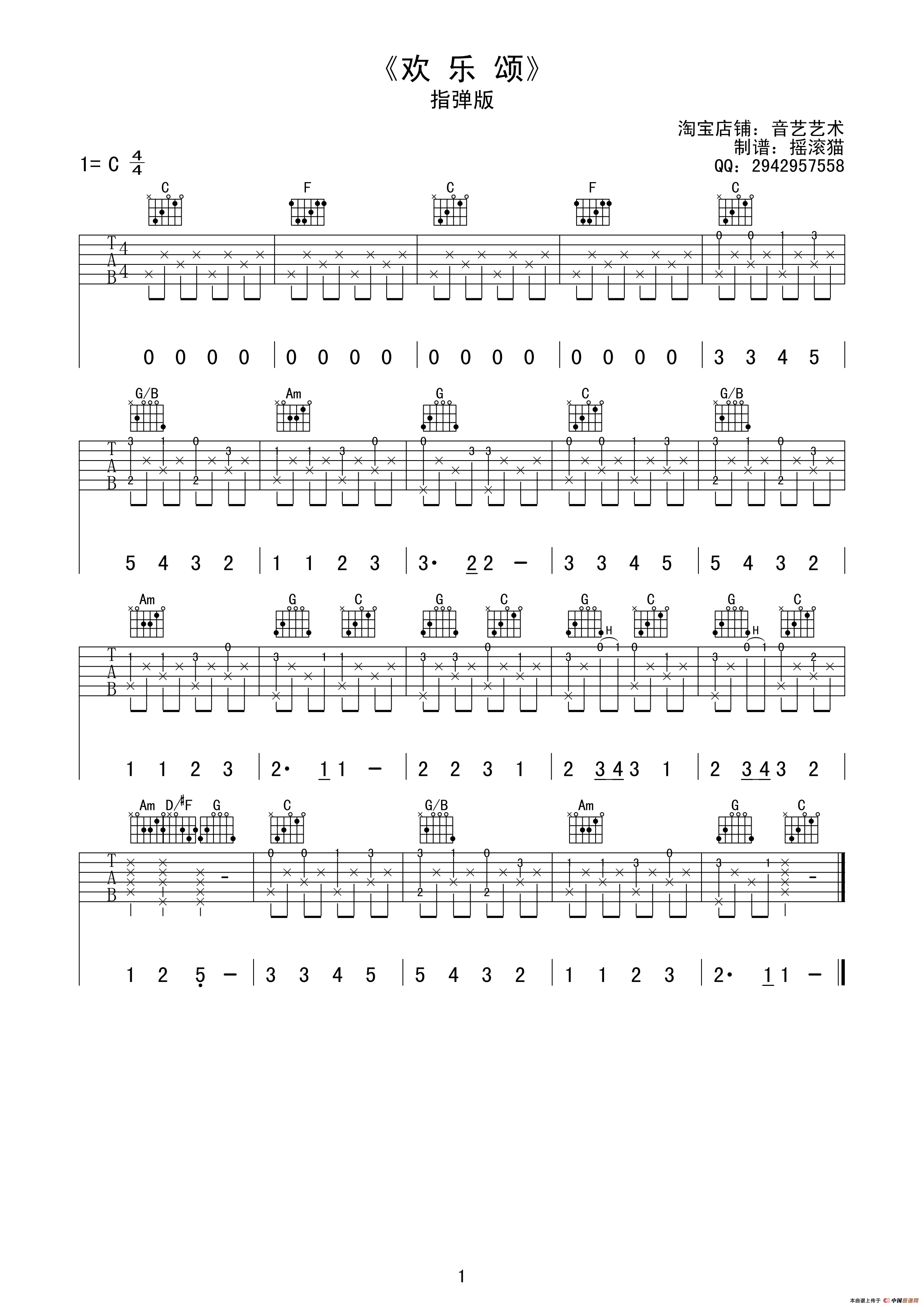 欢乐颂（摇滚猫制谱、指弹版）吉他谱（图1）