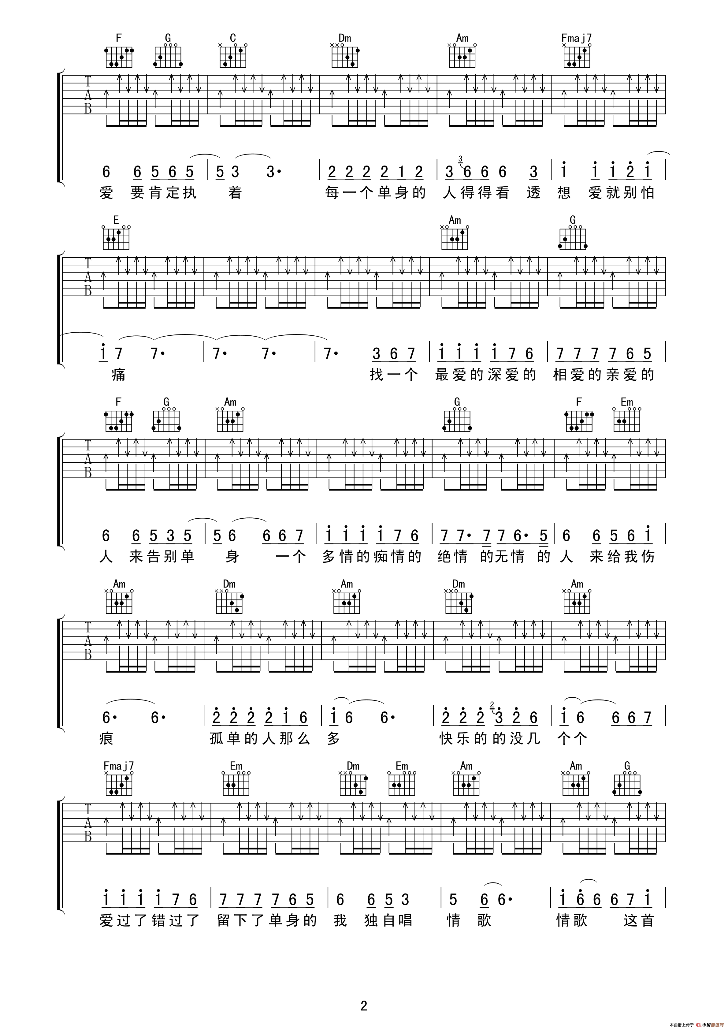 单身情歌（摇滚猫制谱版）吉他谱（图2）