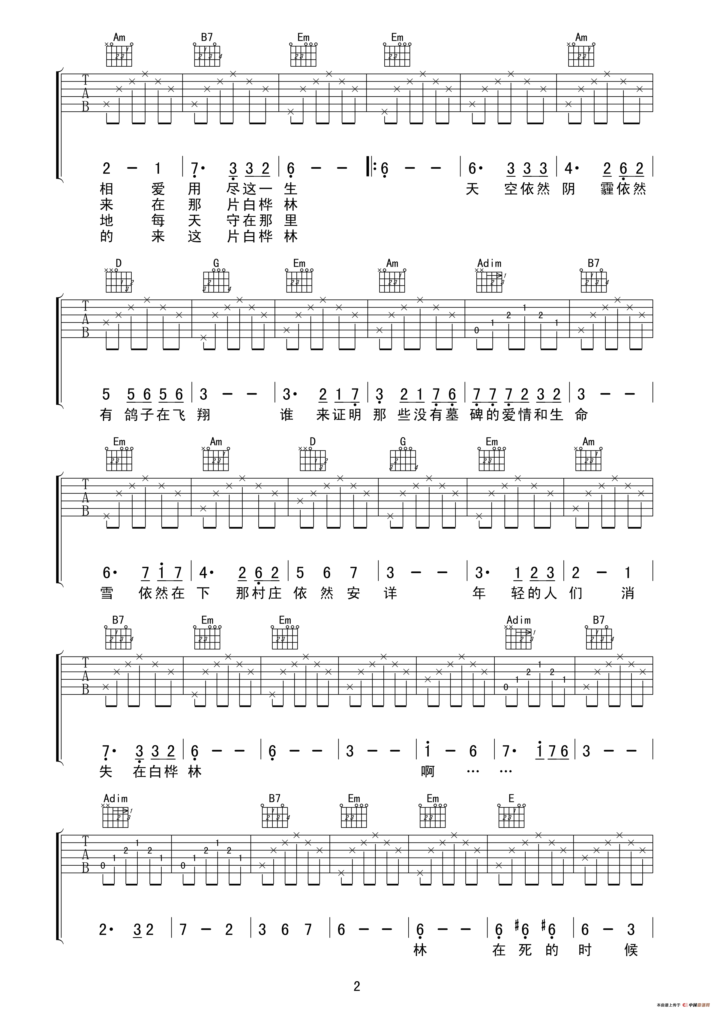 白桦林（摇滚猫制谱版）吉他谱（图2）