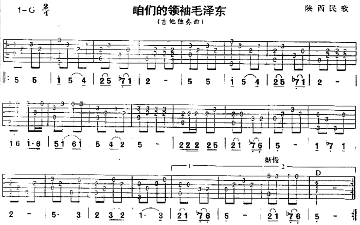 咱们的领袖毛泽东(陕西民歌、独奏曲)吉他谱（图1）