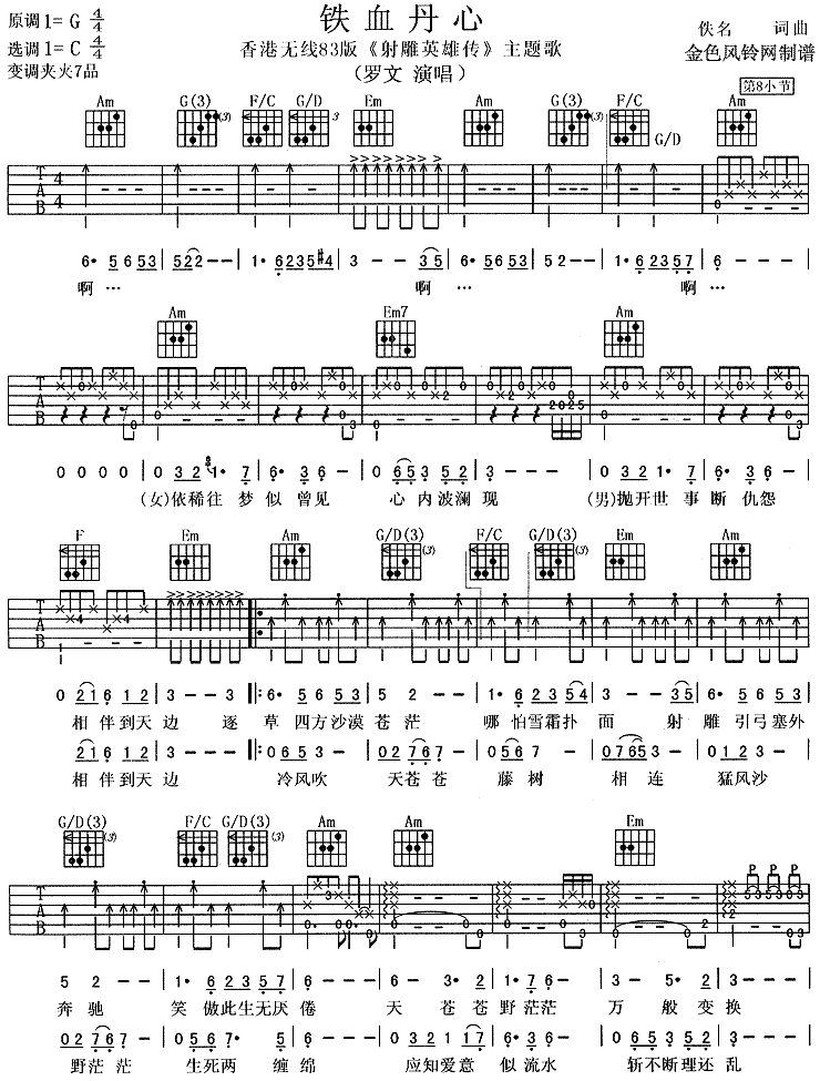 铁血丹心(83版《射雕英雄传》主题歌、粤语)吉他谱（图1）