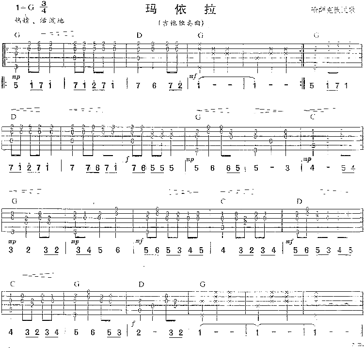 玛依拉(哈萨克族民歌、独奏曲)吉他谱（图1）
