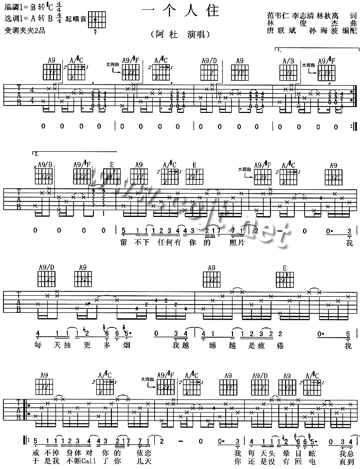 一个人住吉他谱( 六线谱)-吉他谱（图1）