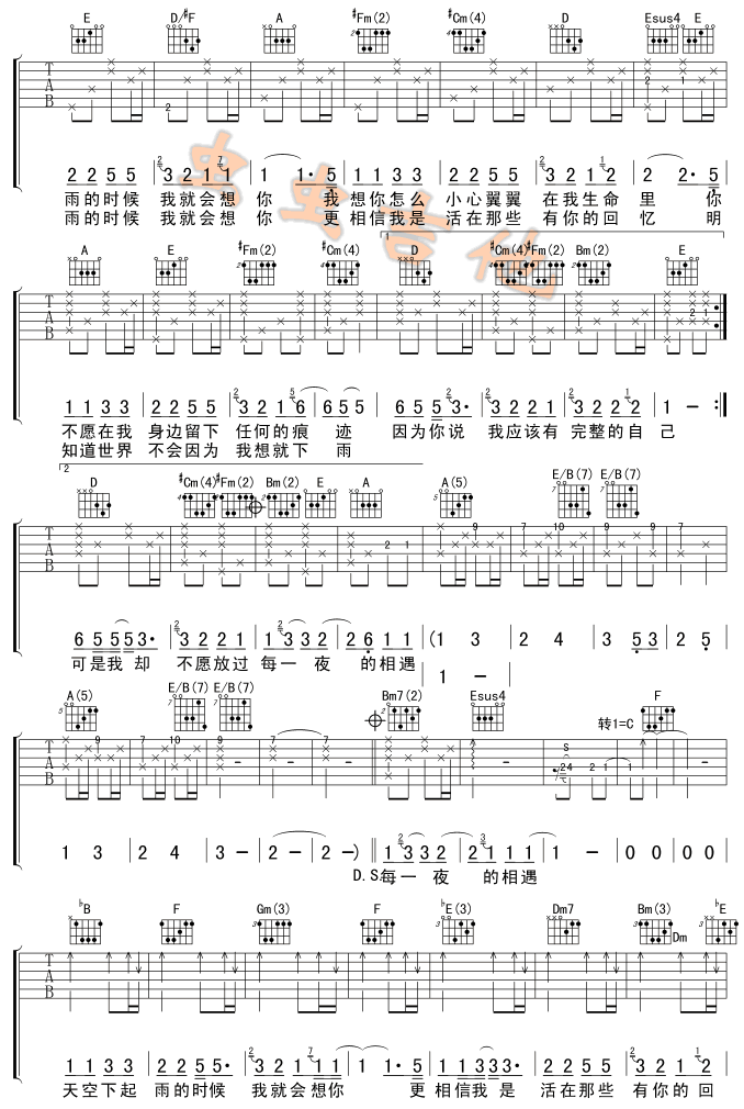 下雨的时候会想你吉他谱( 六线谱)-吉他谱（图2）