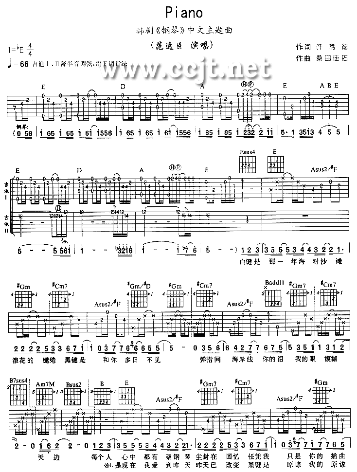 Piano吉他谱(和弦 六线谱)-吉他谱（图1）