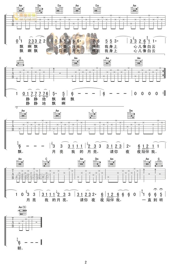 月亮之歌-《凯旋在子夜》-插曲吉他谱( 六线谱)-吉他谱（图2）