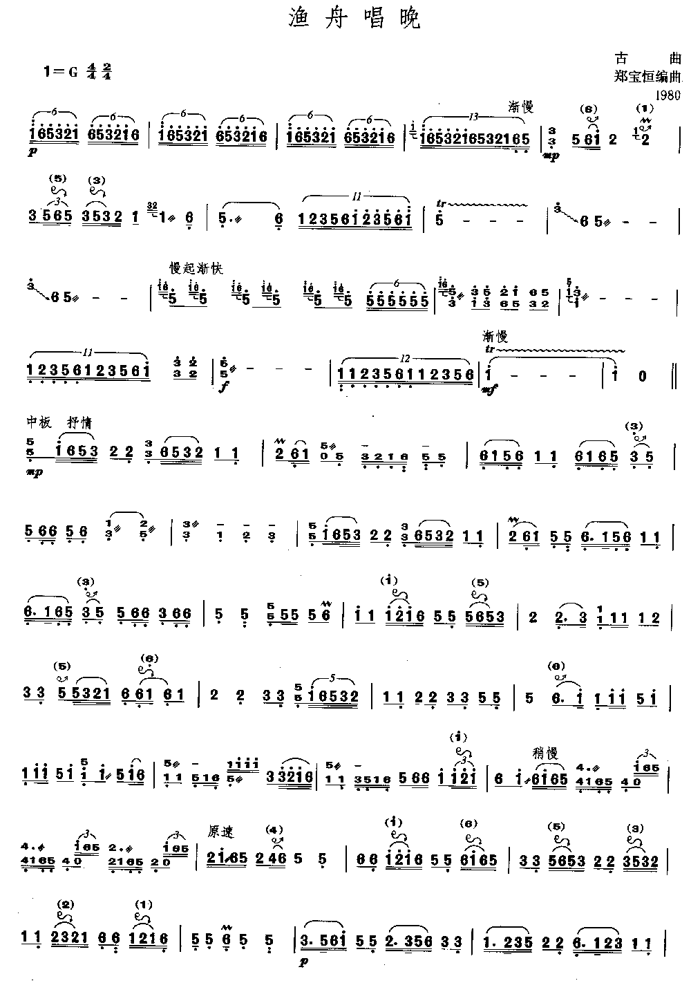 渔舟唱晚 [简谱版]（独奏共3张）其它曲谱（图1）