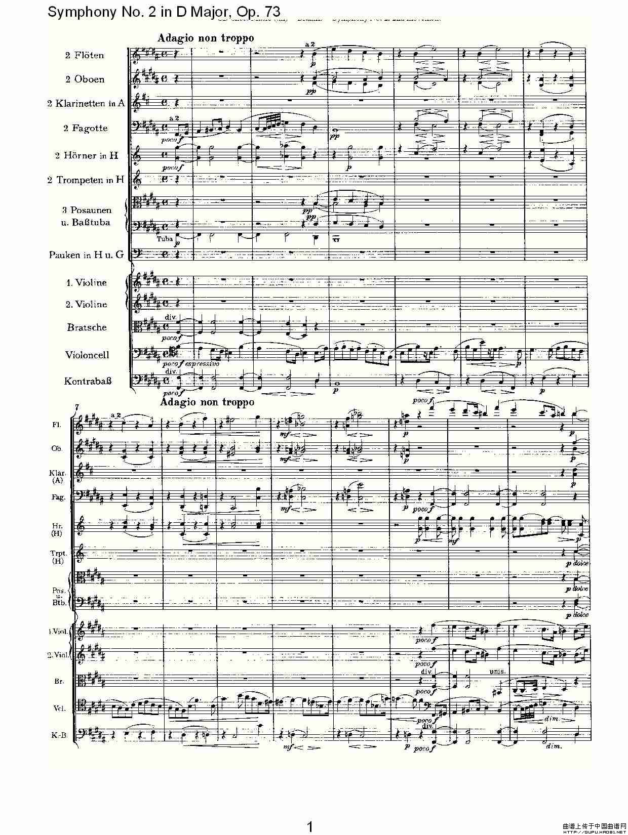 D大调第二交响曲, Op.73第二乐章其它曲谱（图1）