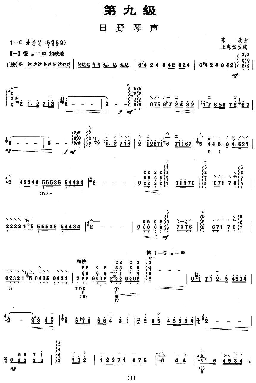柳琴考级曲目九级：田野琴声其它曲谱（图1）