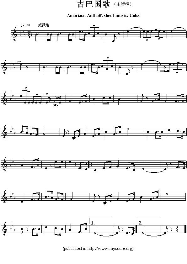 各国国歌主旋律：古巴（Ameriacn Anthem sheet music:Cuba）其它曲谱（图1）