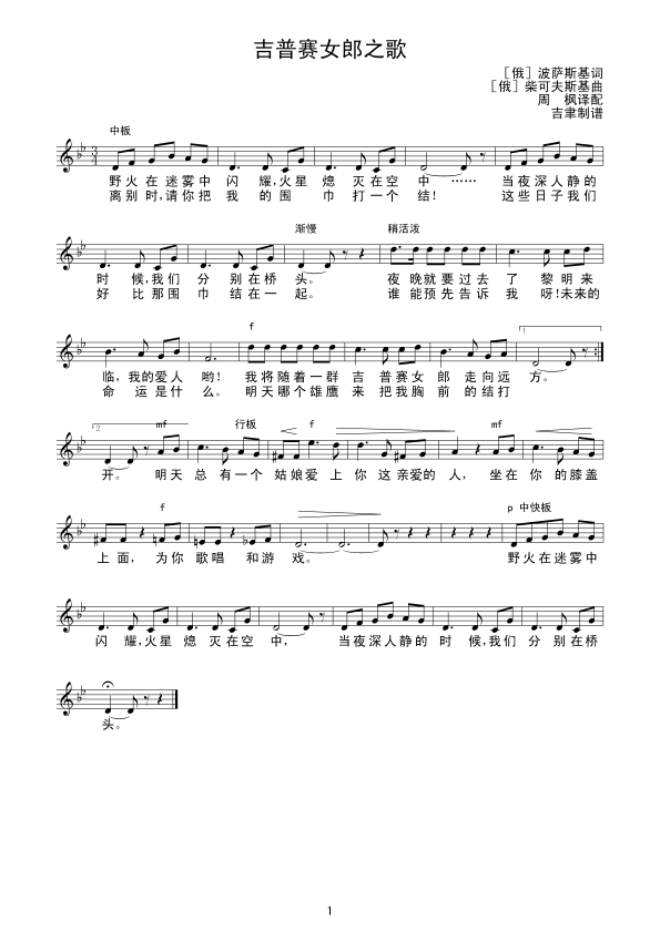 吉普赛女郎之歌（线谱）其它曲谱（图1）