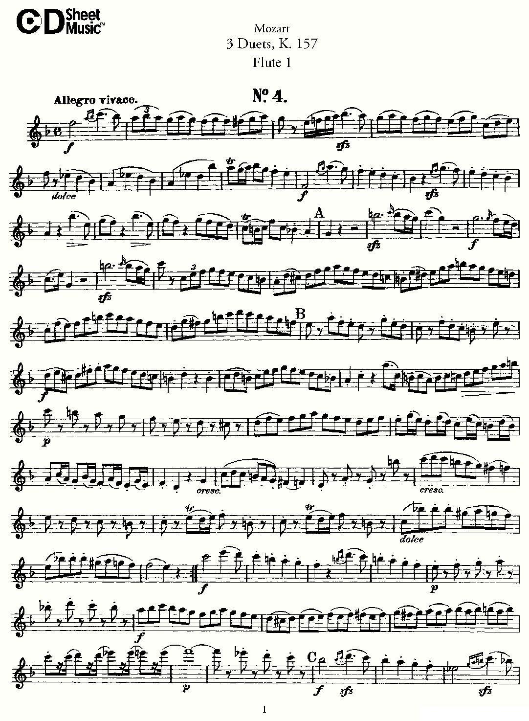 3 Duets K.157 之第一长笛（二重奏三首 K157号）其它曲谱（图1）