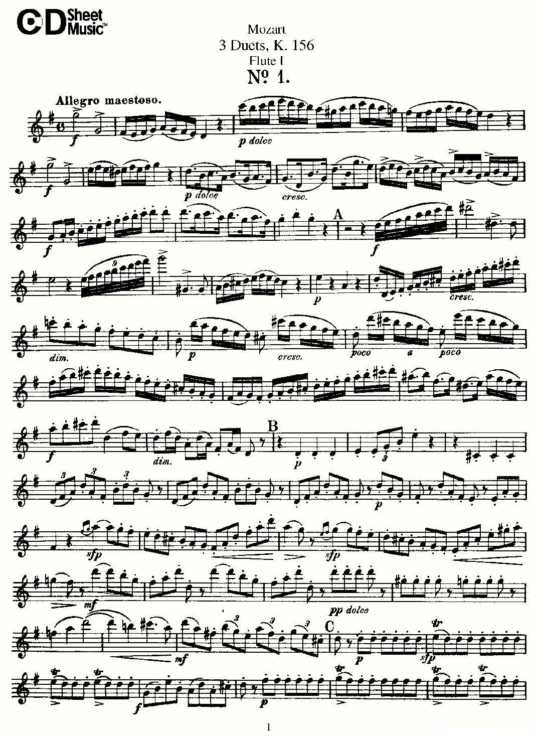3 Duets K.156 之第一长笛（二重奏三首 K156号）其它曲谱（图1）