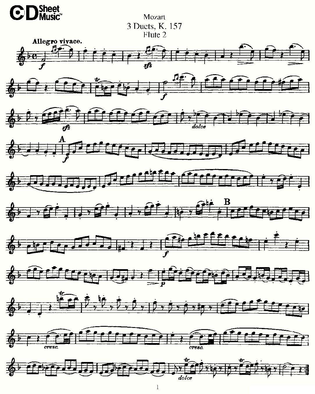 3 Duets K.157 之第二长笛（二重奏三首 K157号）其它曲谱（图1）