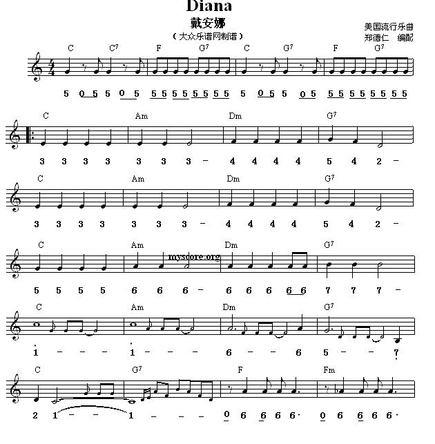 戴安娜（吉特巴舞曲、旋律+和弦标记）其它曲谱（图1）
