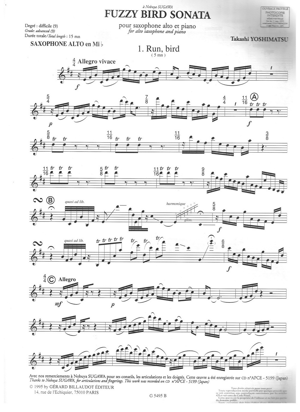 须川展也的《Fuzzy Bird Sonata》(Run, Bird)毛绒鸟奏鸣曲一萨克斯曲谱（图1）