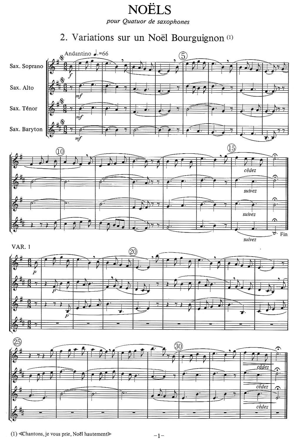 jean Bouvard 编写的6首萨克斯四重奏之二萨克斯曲谱（图1）