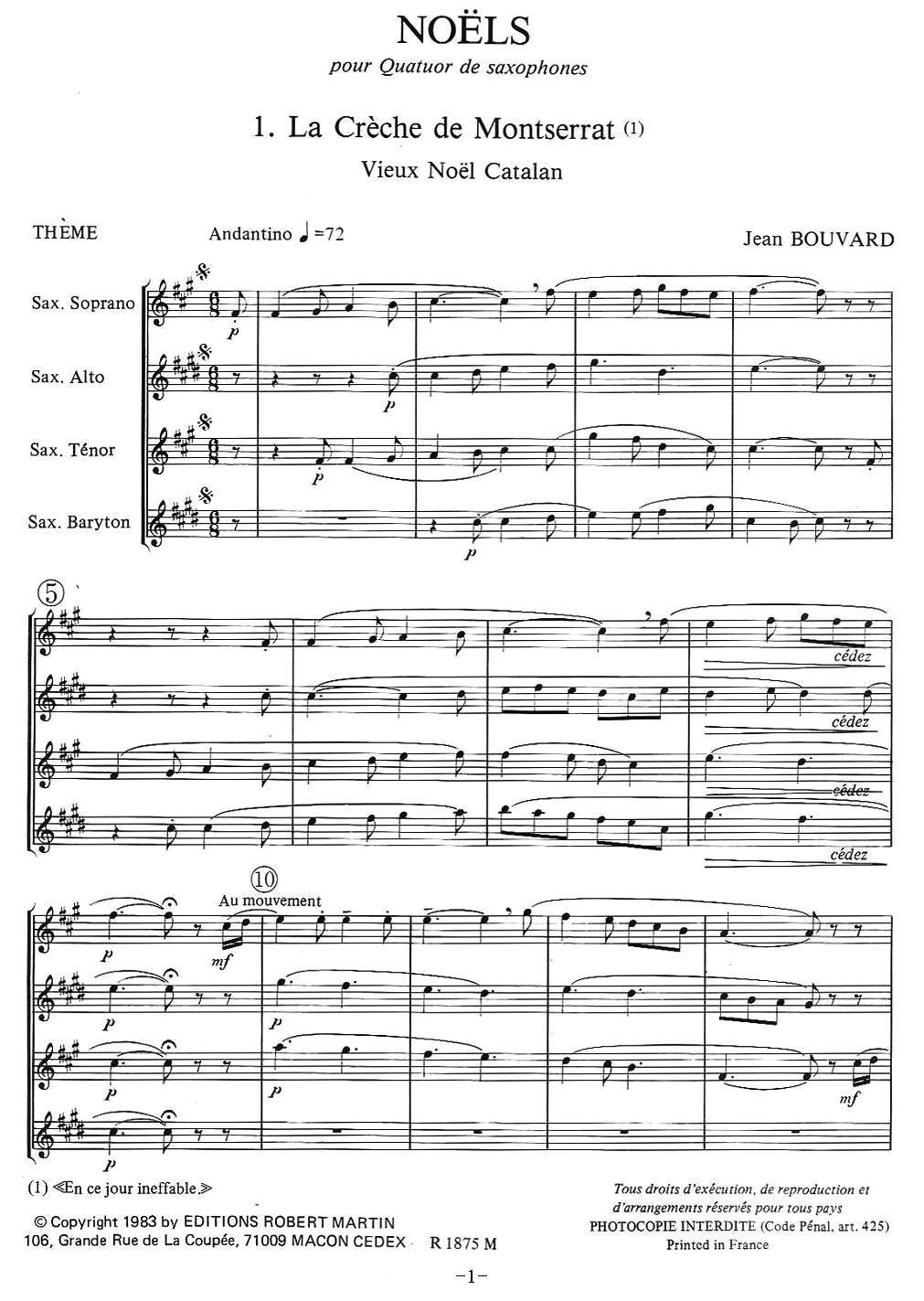 jean Bouvard 编写的6首萨克斯四重奏之一萨克斯曲谱（图1）