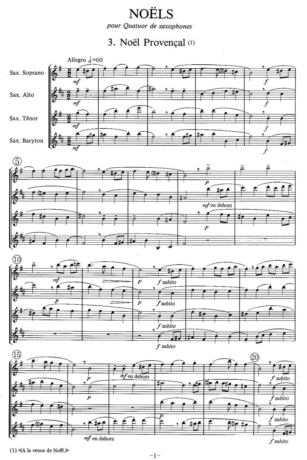 jean Bouvard 编写的6首萨克斯四重奏之三萨克斯曲谱（图1）
