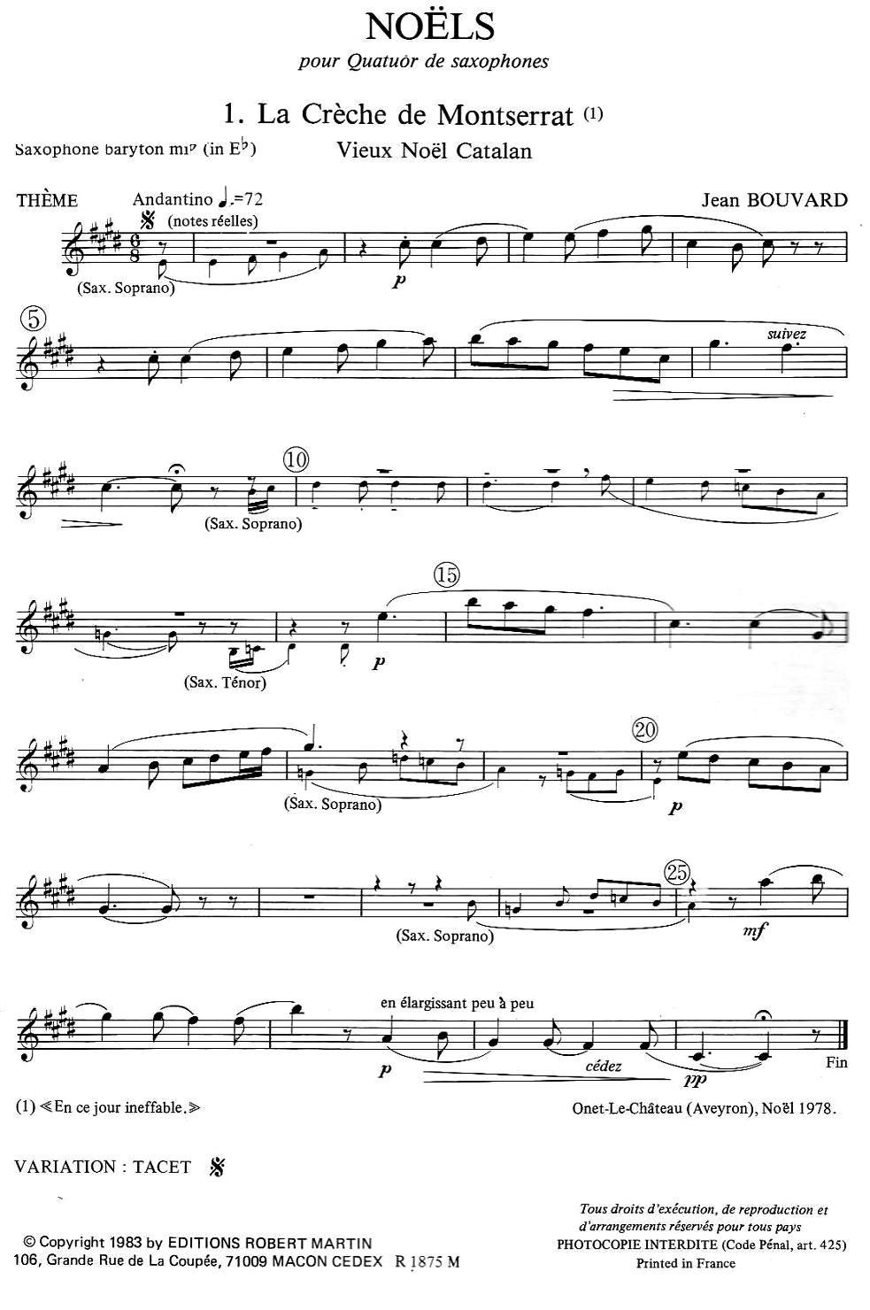 jean Bouvard 编写的6首萨克斯四重奏（低音萨克斯分谱）萨克斯曲谱（图1）