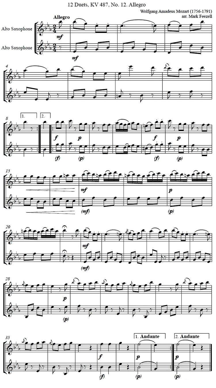 Wolfgang Amadeus Mozart - 中音萨克斯二重奏一首萨克斯曲谱（图1）