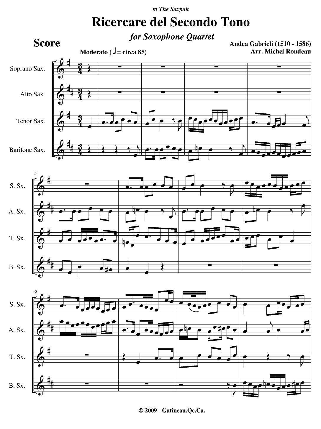 Ricercare del Secondo Tono（四重奏）萨克斯曲谱（图1）