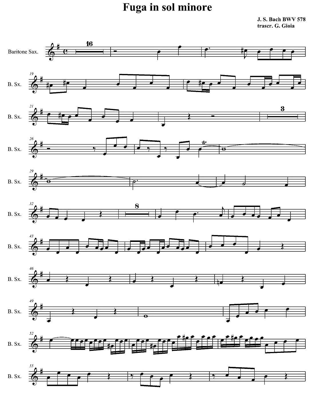 Fuga in sol minore（四重奏之上低音萨克斯分谱）萨克斯曲谱（图1）