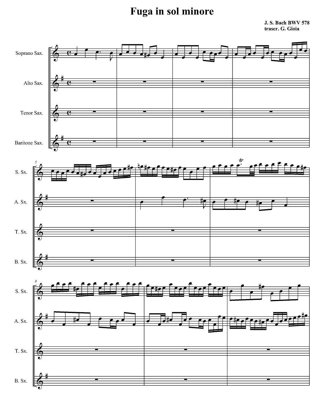Fuga in sol minore （四重奏）萨克斯曲谱（图1）