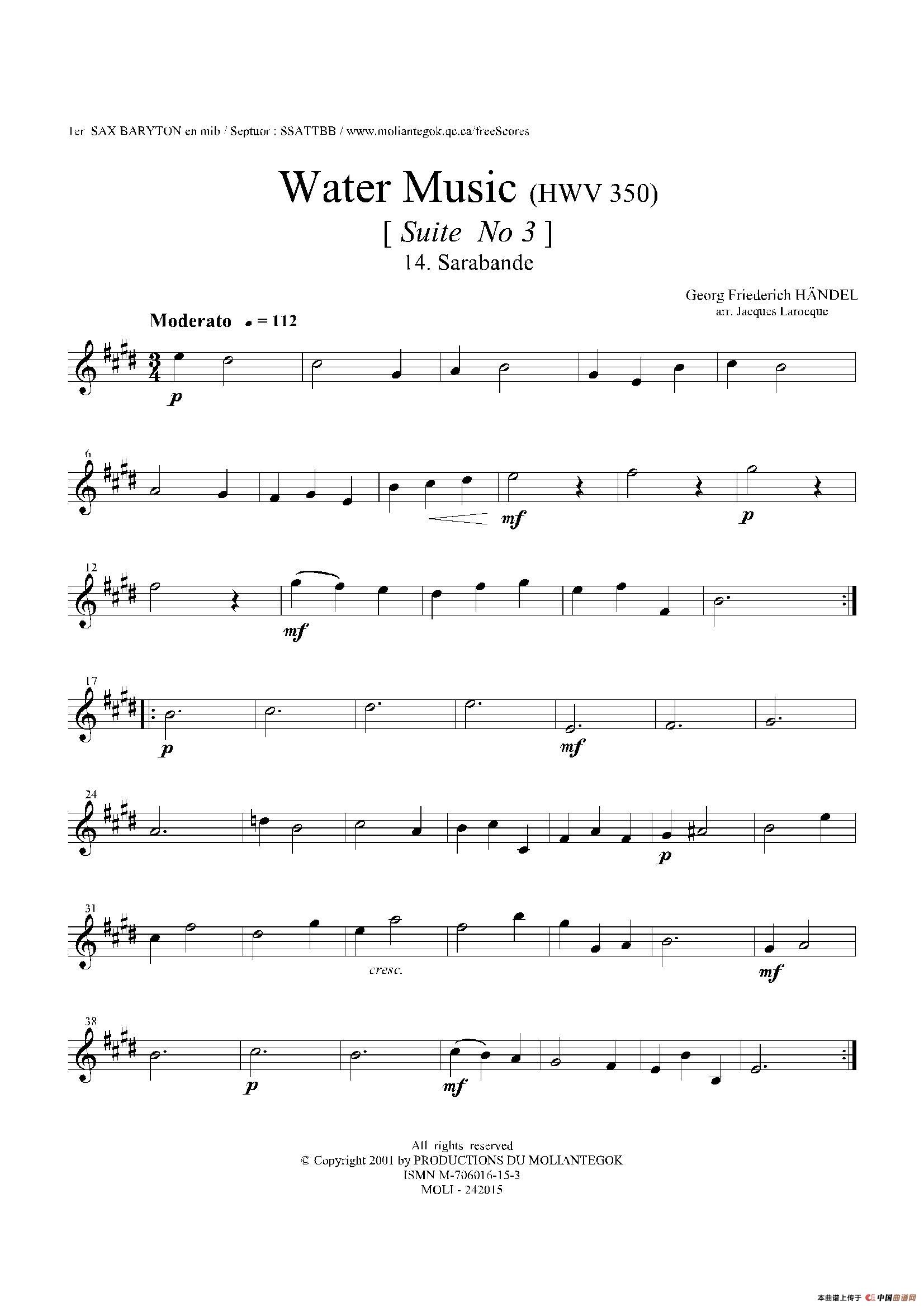 Water Music（HWV.350 No.3）（第一上低音萨克斯）萨克斯曲谱（图1）