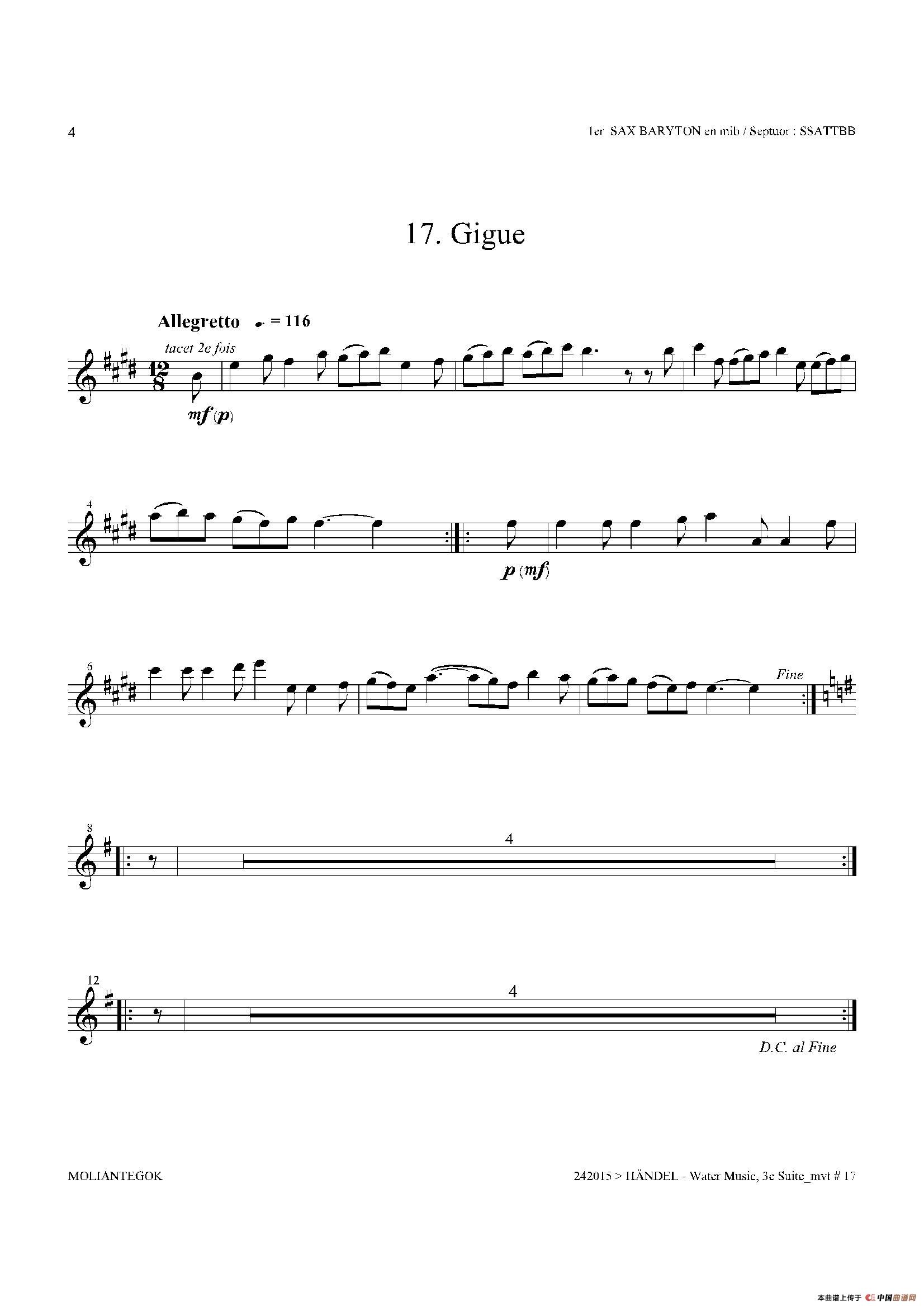 Water Music（HWV.350 No.3）（第一上低音萨克斯）萨克斯曲谱（图4）