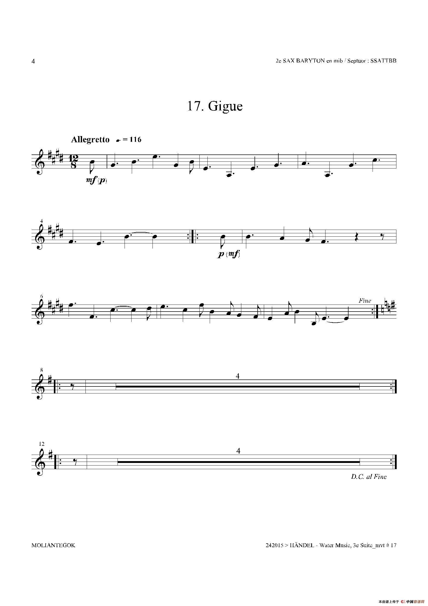 Water Music（HWV.350 No.3）（第二上低音萨克斯）萨克斯曲谱（图4）
