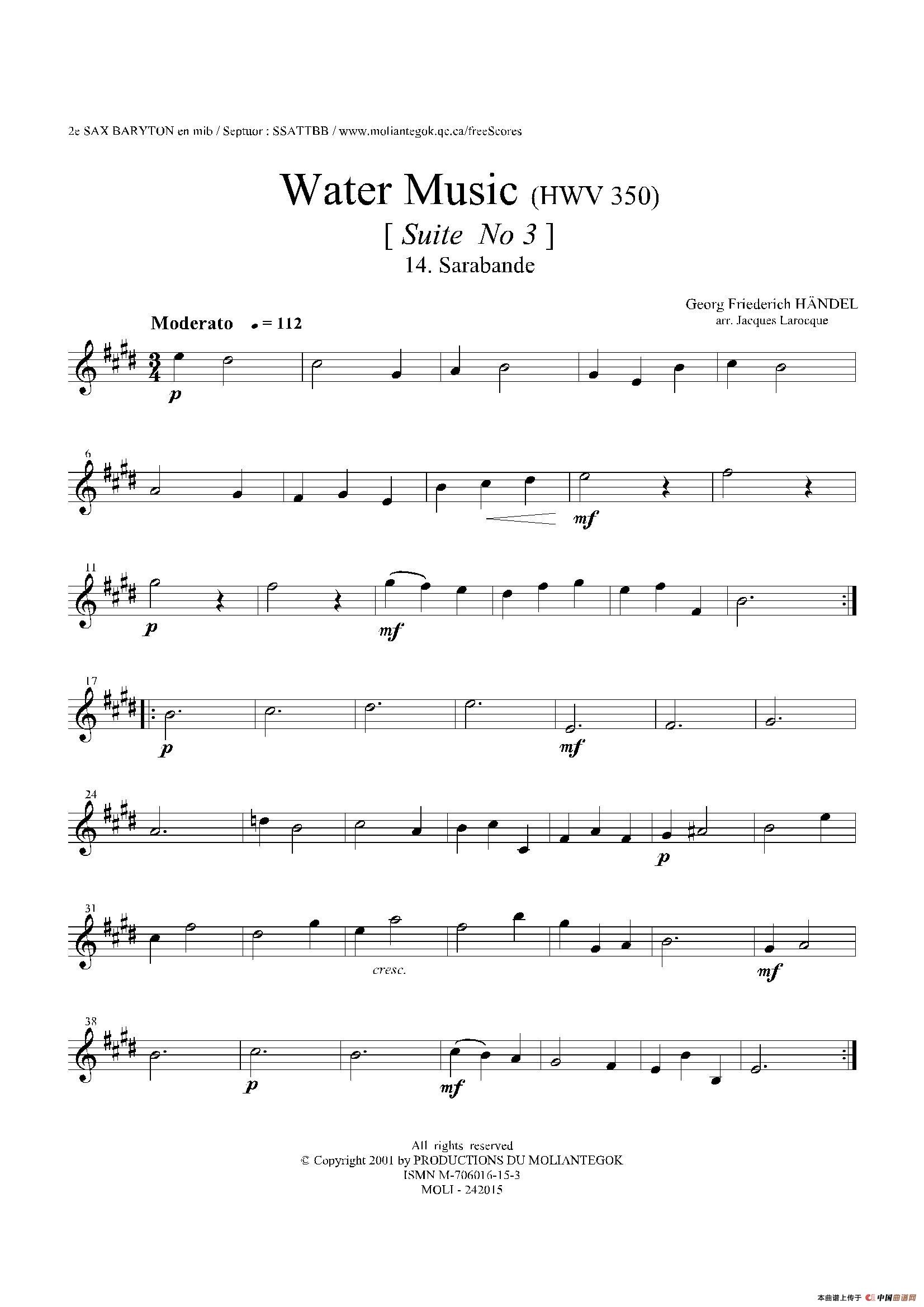 Water Music（HWV.350 No.3）（第二上低音萨克斯）萨克斯曲谱（图1）